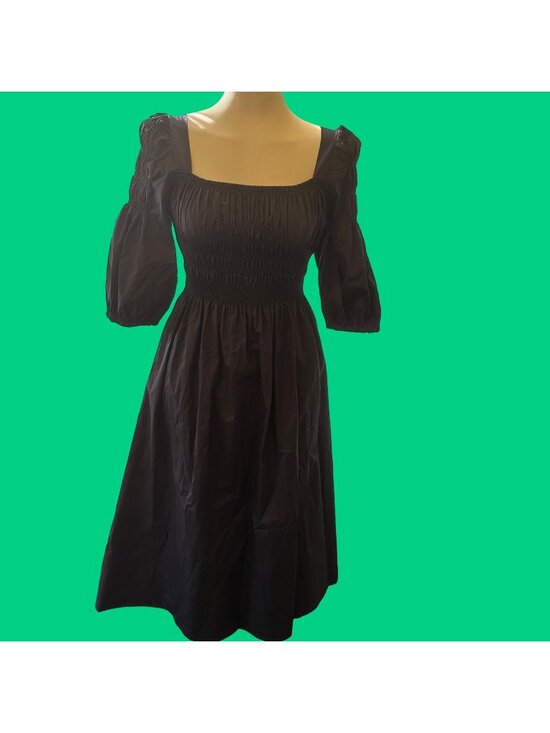 MONICA NERA Dresses & Skirts - Monica Nera Navy Penelope Dress With Smocked Square Neckline & Puff Sleeves Sign